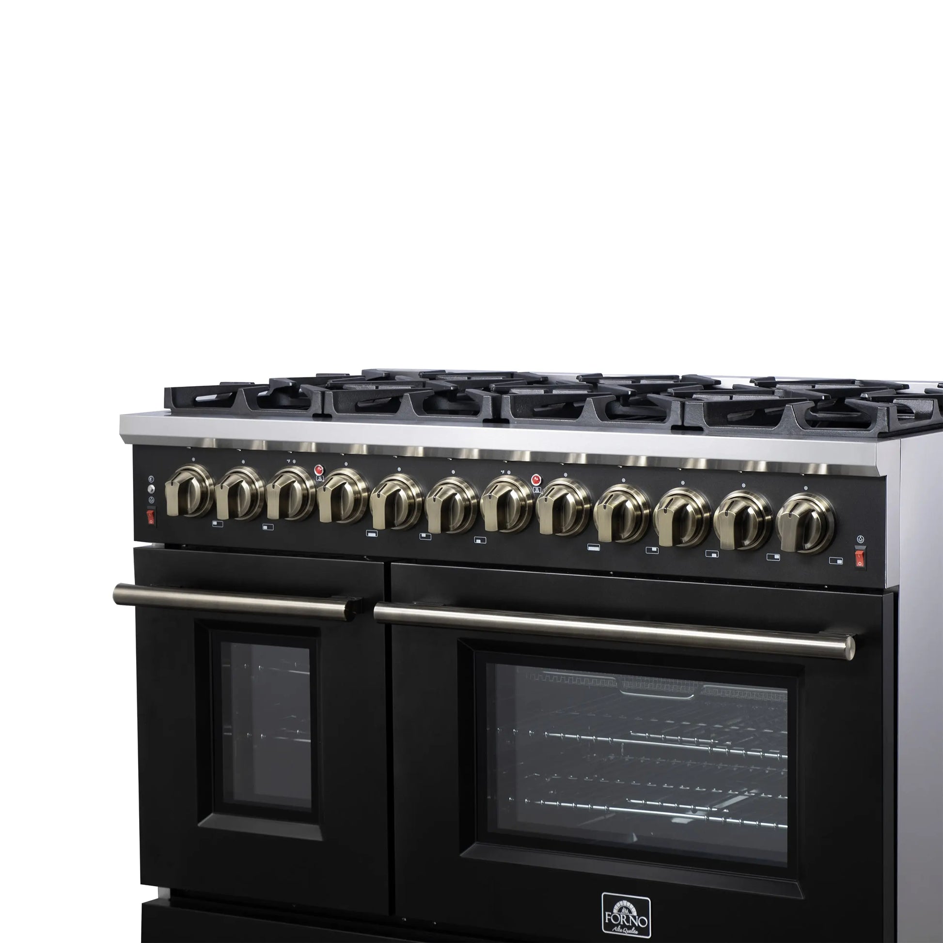 Forno Massimo 48 Inch Freestanding Dual Fuel Range in Black with Antique Brass Accessories, 8 Burners, 6.58 cu. ft. Convection Oven FORNO