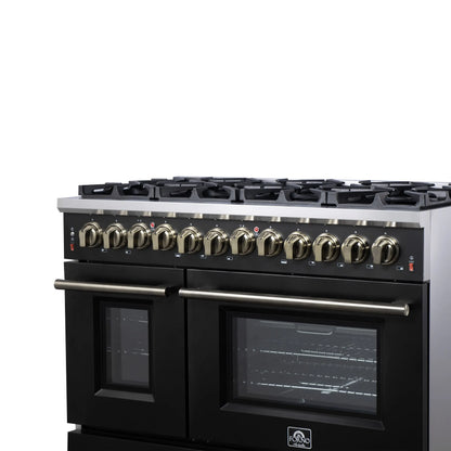 Forno Massimo 48 Inch Freestanding Dual Fuel Range in Black with Antique Brass Accessories, 8 Burners, 6.58 cu. ft. Convection Oven FORNO