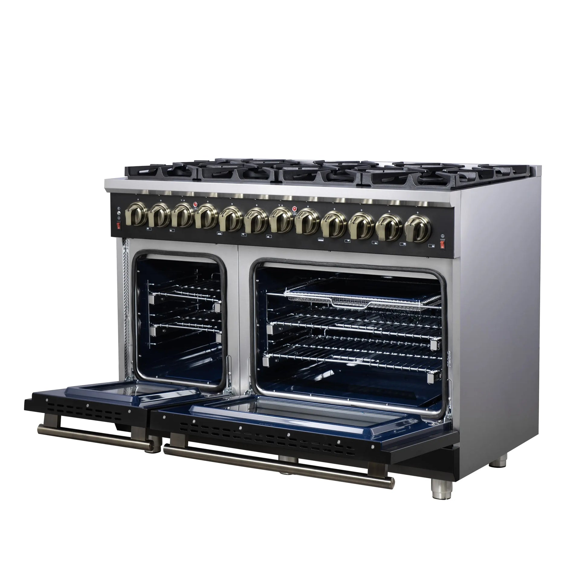 Forno Massimo 48 Inch Freestanding Dual Fuel Range in Black with Antique Brass Accessories, 8 Burners, 6.58 cu. ft. Convection Oven FORNO
