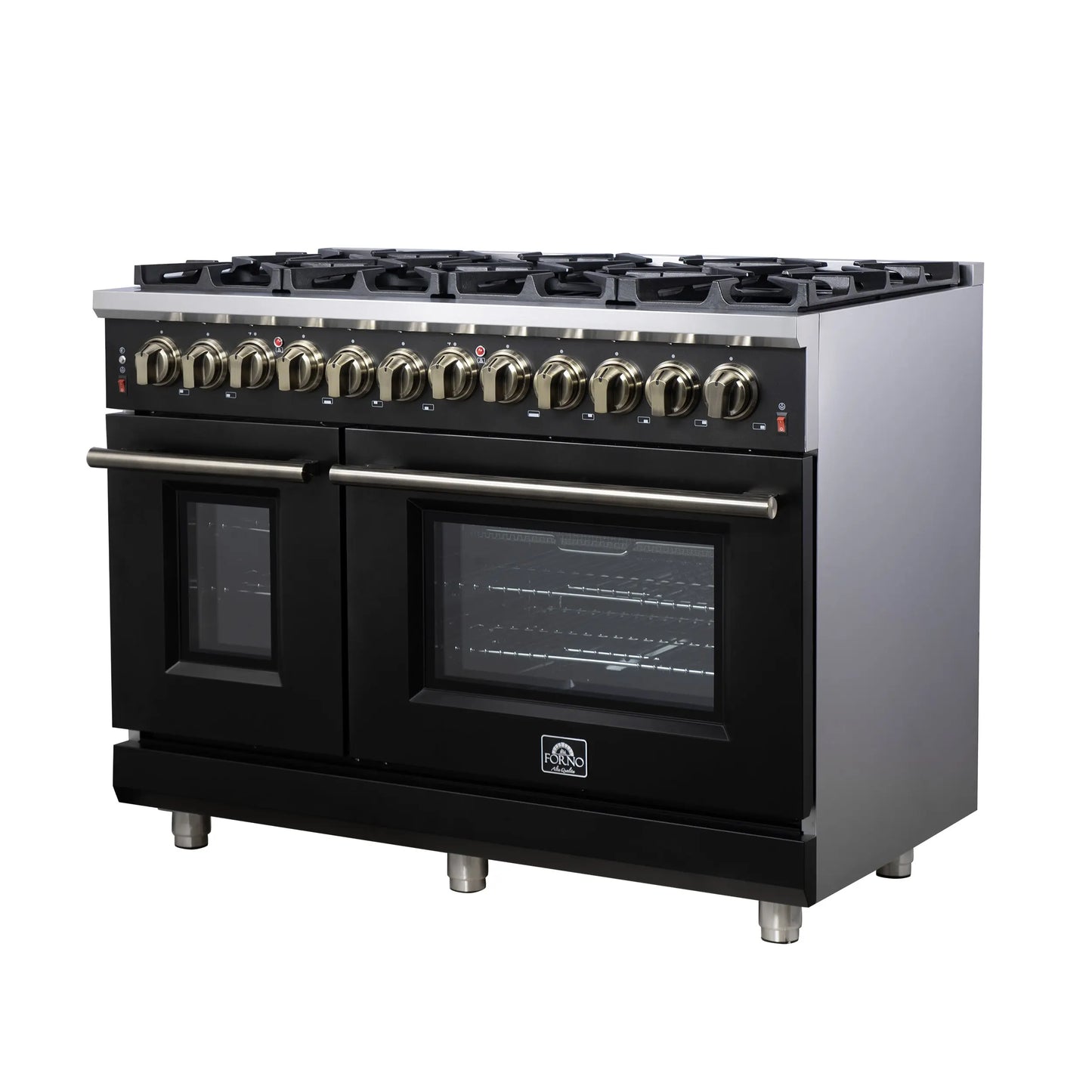 Forno Massimo 48 Inch Freestanding Dual Fuel Range in Black with Antique Brass Accessories, 8 Burners, 6.58 cu. ft. Convection Oven FORNO