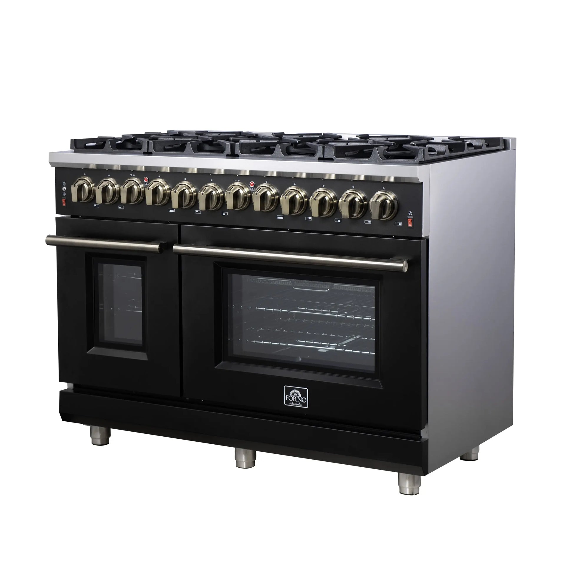 Forno Massimo 48 Inch Freestanding Dual Fuel Range in Black with Antique Brass Accessories, 8 Burners, 6.58 cu. ft. Convection Oven FORNO