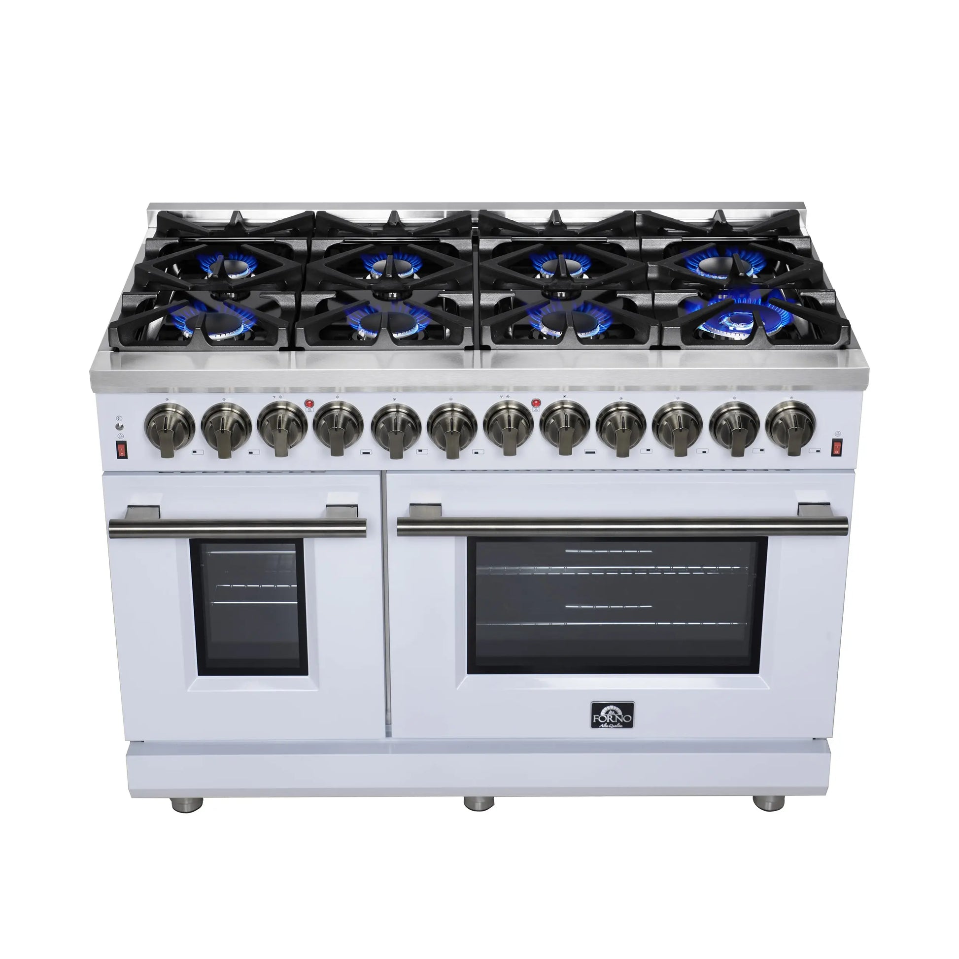 Forno Massimo 48 Inch Freestanding Dual Fuel Range in White with Antique Brass Accessories, 8 Burners, 6.58 cu. ft. Convection Oven FORNO