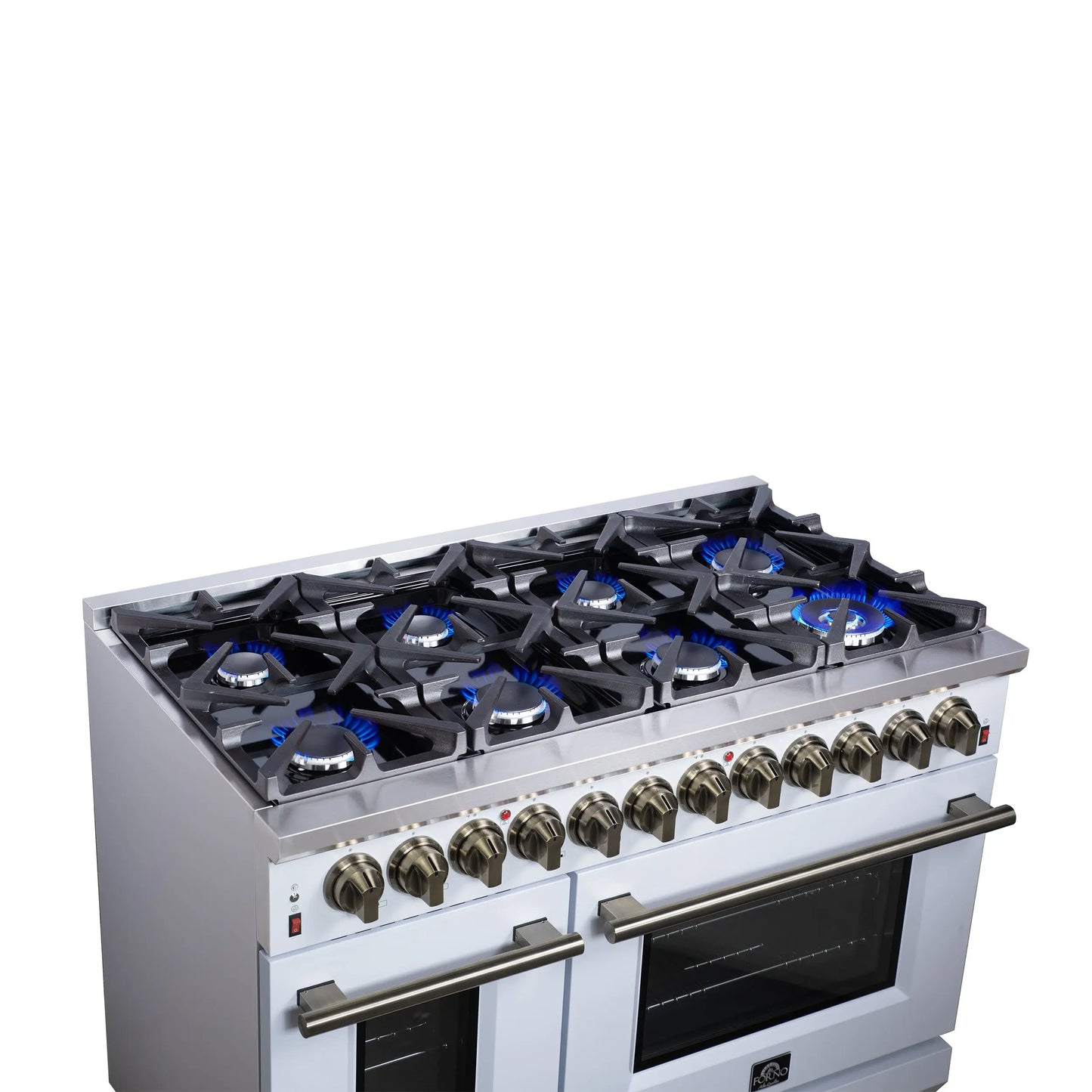 Forno Massimo 48 Inch Freestanding Dual Fuel Range in White with Antique Brass Accessories, 8 Burners, 6.58 cu. ft. Convection Oven FORNO