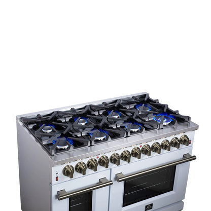 Forno Massimo 48 Inch Freestanding Dual Fuel Range in White with Antique Brass Accessories, 8 Burners, 6.58 cu. ft. Convection Oven FORNO