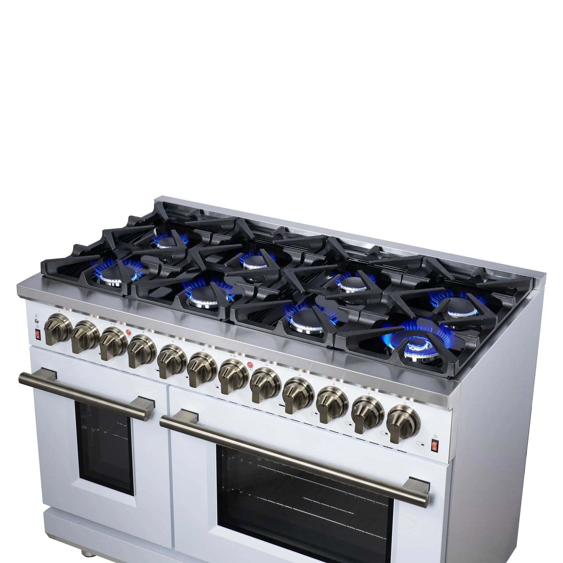 Forno Massimo 48 Inch Freestanding Dual Fuel Range in White with Antique Brass Accessories, 8 Burners, 6.58 cu. ft. Convection Oven FORNO