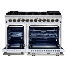 Forno Massimo 48 Inch Freestanding Dual Fuel Range in White with Antique Brass Accessories, 8 Burners, 6.58 cu. ft. Convection Oven FORNO