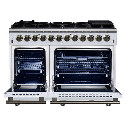 Forno Massimo 48 Inch Freestanding Dual Fuel Range in White with Antique Brass Accessories, 8 Burners, 6.58 cu. ft. Convection Oven FORNO
