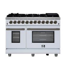 Forno Massimo 48 Inch Freestanding Dual Fuel Range in White with Antique Brass Accessories, 8 Burners, 6.58 cu. ft. Convection Oven FORNO