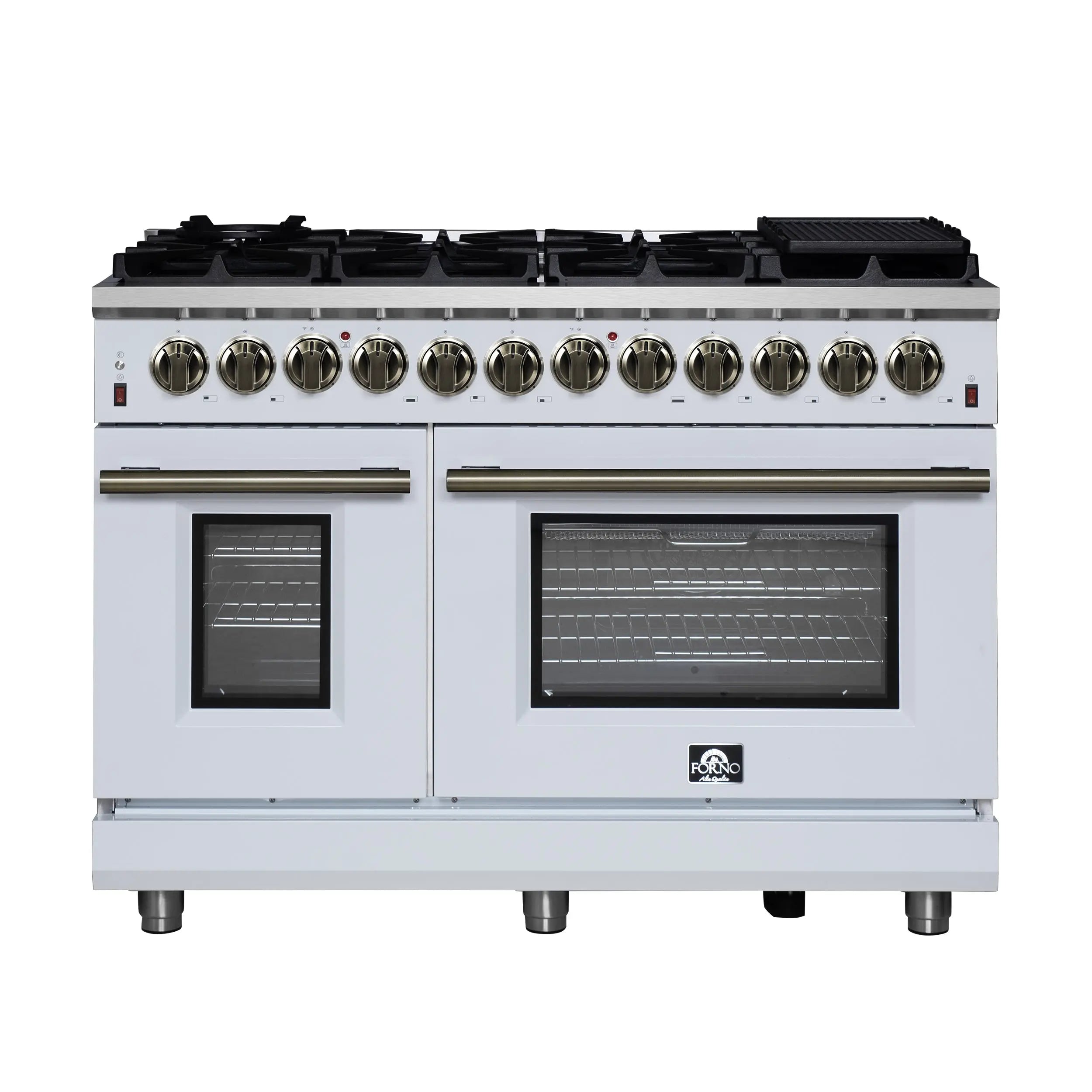 Forno Massimo 48 Inch Freestanding Dual Fuel Range in White with Antique Brass Accessories, 8 Burners, 6.58 cu. ft. Convection Oven FORNO