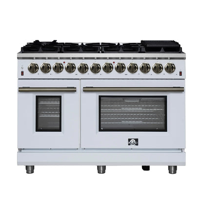 Forno Massimo 48 Inch Freestanding Dual Fuel Range in White with Antique Brass Accessories, 8 Burners, 6.58 cu. ft. Convection Oven FORNO
