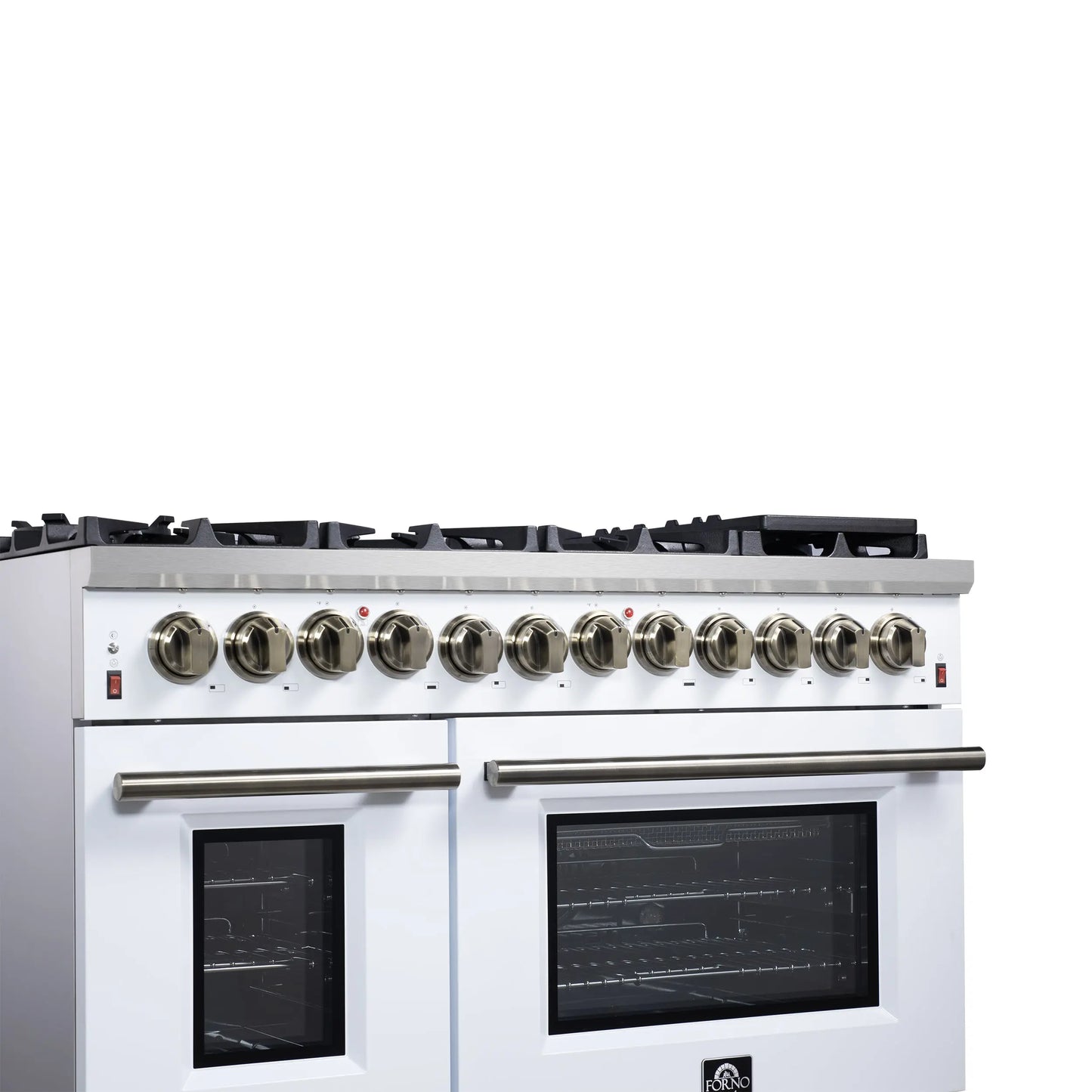 Forno Massimo 48 Inch Freestanding Dual Fuel Range in White with Antique Brass Accessories, 8 Burners, 6.58 cu. ft. Convection Oven FORNO