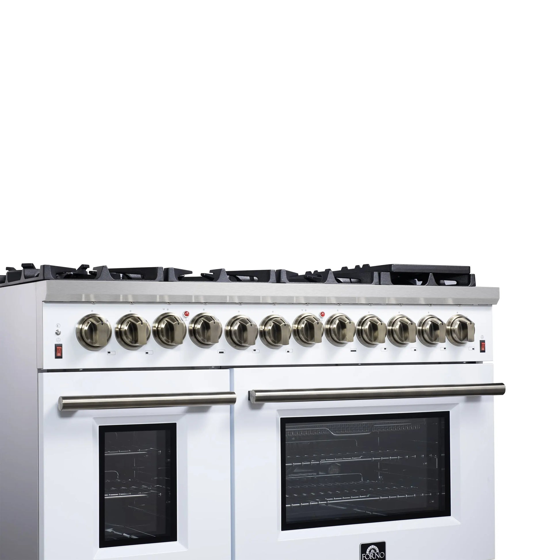 Forno Massimo 48 Inch Freestanding Dual Fuel Range in White with Antique Brass Accessories, 8 Burners, 6.58 cu. ft. Convection Oven FORNO