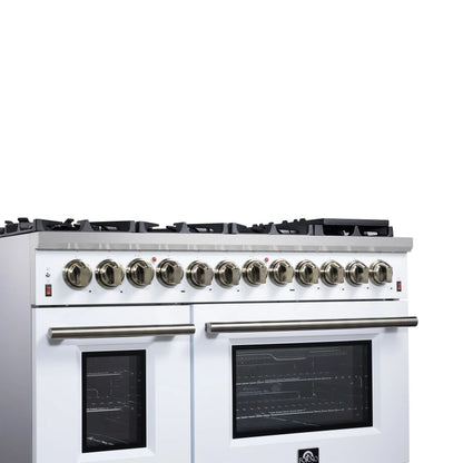 Forno Massimo 48 Inch Freestanding Dual Fuel Range in White with Antique Brass Accessories, 8 Burners, 6.58 cu. ft. Convection Oven FORNO