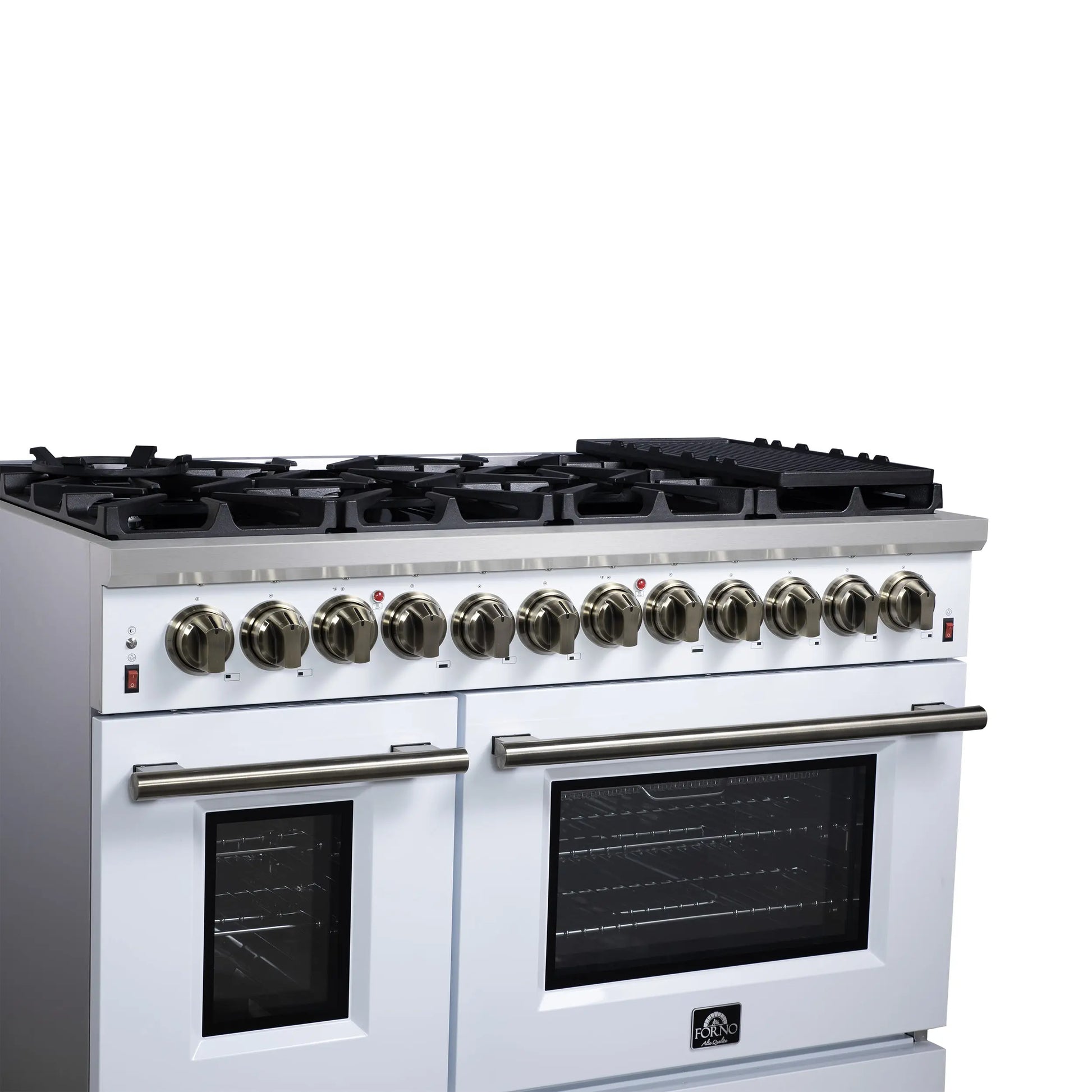 Forno Massimo 48 Inch Freestanding Dual Fuel Range in White with Antique Brass Accessories, 8 Burners, 6.58 cu. ft. Convection Oven FORNO