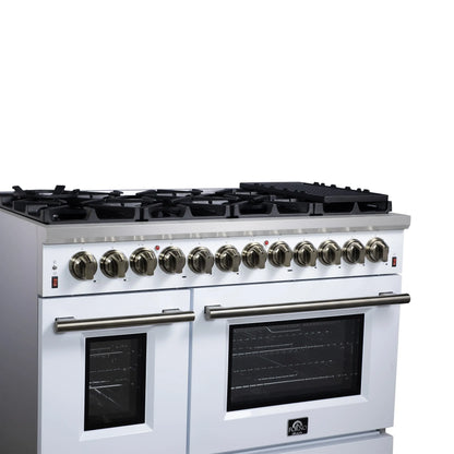 Forno Massimo 48 Inch Freestanding Dual Fuel Range in White with Antique Brass Accessories, 8 Burners, 6.58 cu. ft. Convection Oven FORNO