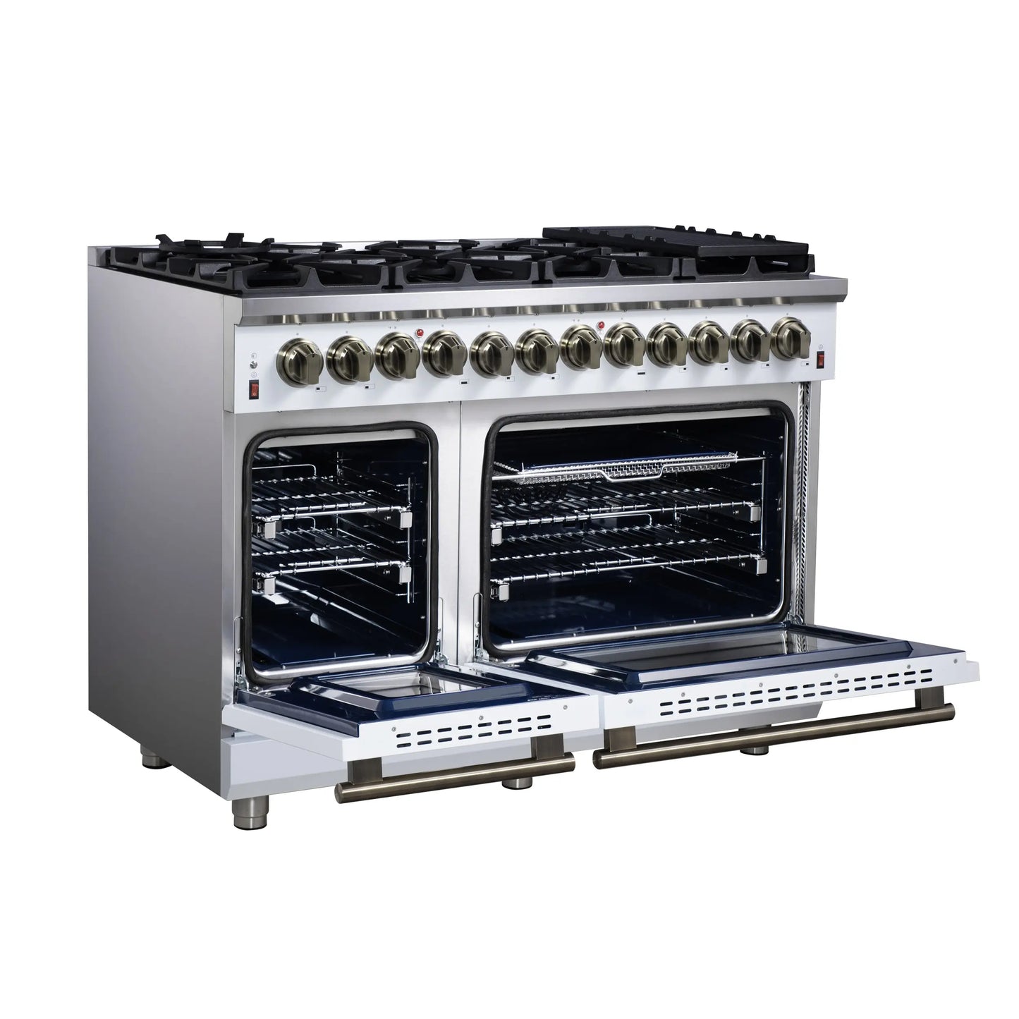 Forno Massimo 48 Inch Freestanding Dual Fuel Range in White with Antique Brass Accessories, 8 Burners, 6.58 cu. ft. Convection Oven FORNO