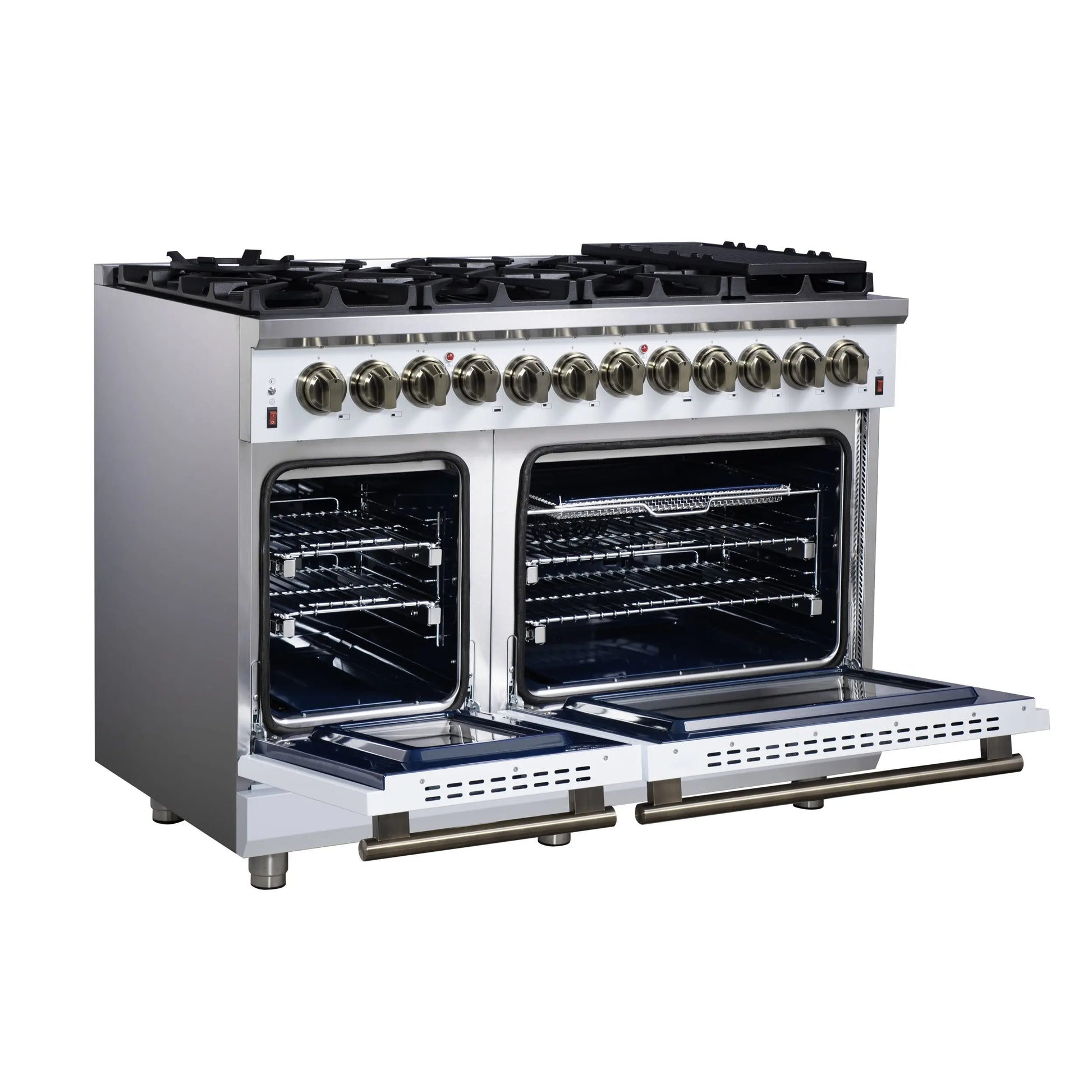 Forno Massimo 48 Inch Freestanding Dual Fuel Range in White with Antique Brass Accessories, 8 Burners, 6.58 cu. ft. Convection Oven FORNO