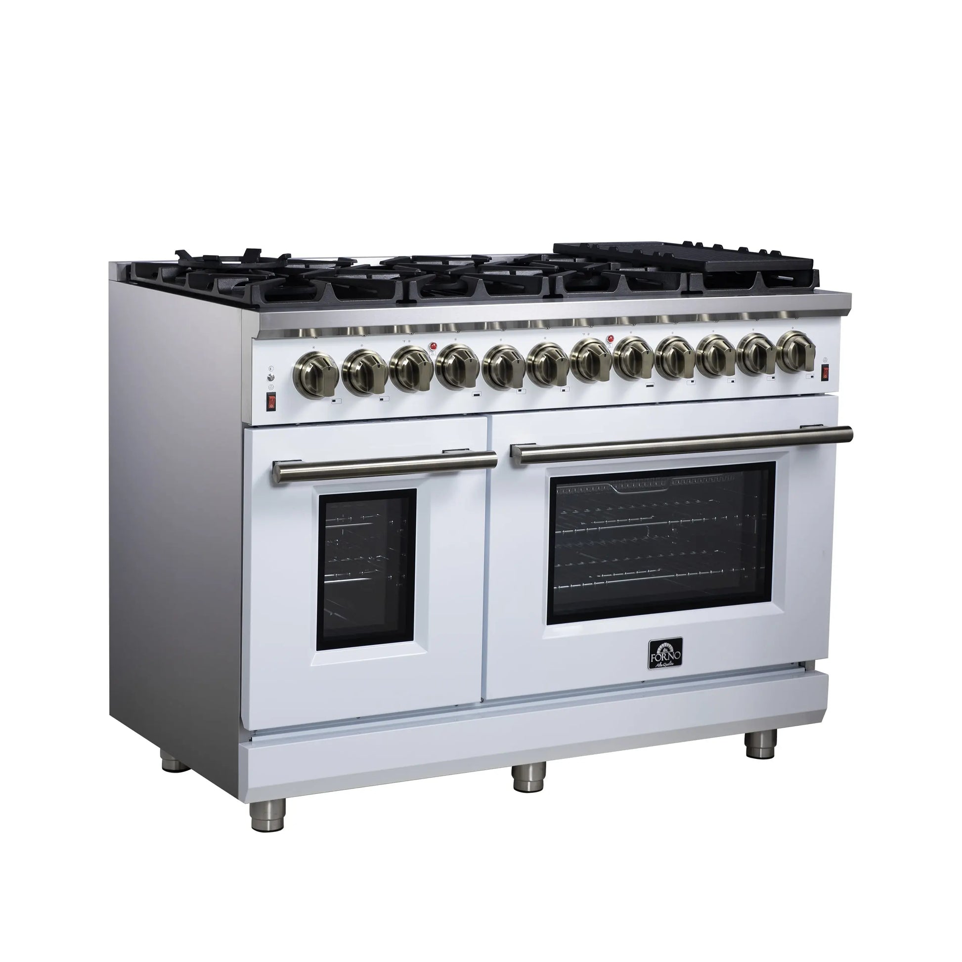 Forno Massimo 48 Inch Freestanding Dual Fuel Range in White with Antique Brass Accessories, 8 Burners, 6.58 cu. ft. Convection Oven FORNO