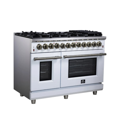 Forno Massimo 48 Inch Freestanding Dual Fuel Range in White with Antique Brass Accessories, 8 Burners, 6.58 cu. ft. Convection Oven FORNO