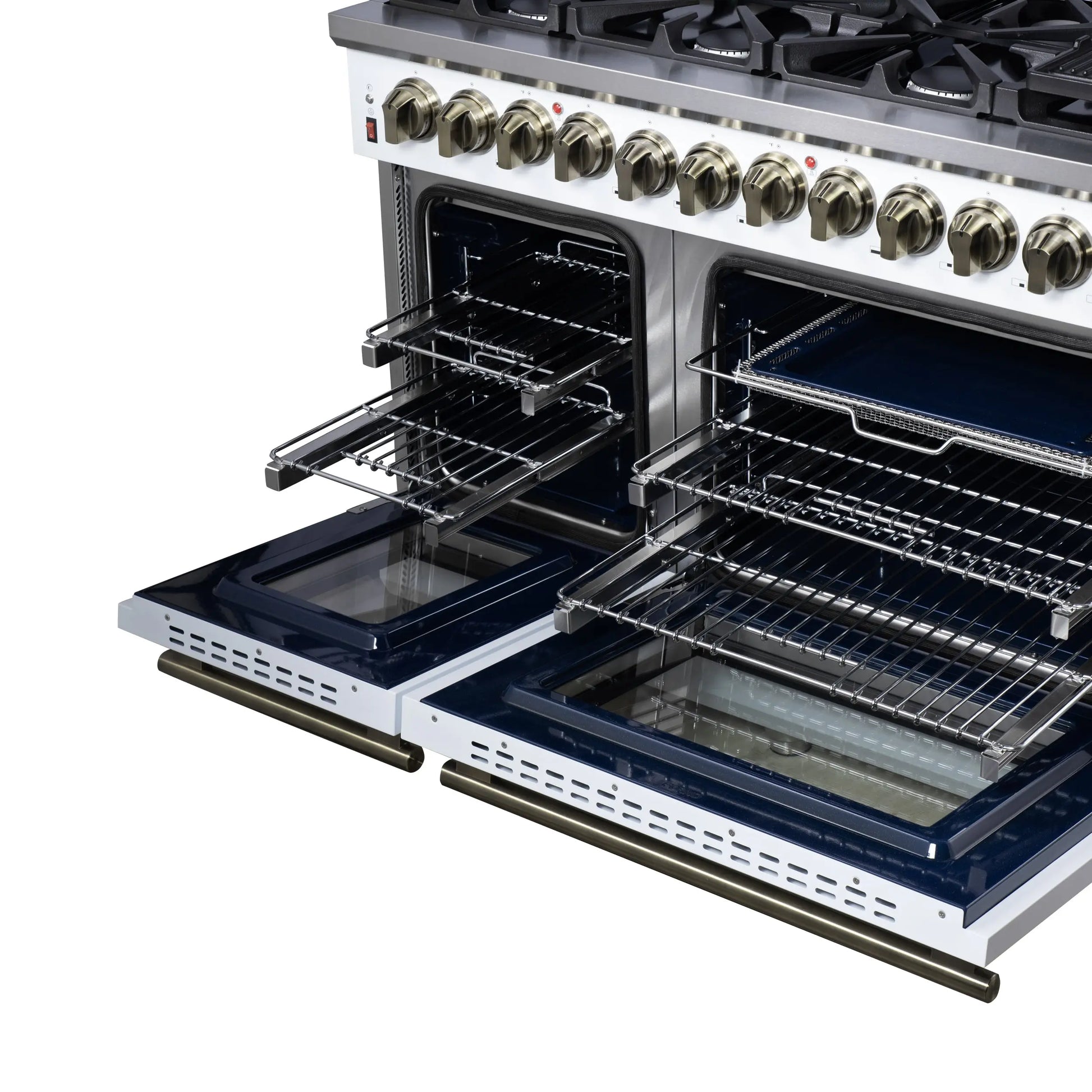 Forno Massimo 48 Inch Freestanding Dual Fuel Range in White with Antique Brass Accessories, 8 Burners, 6.58 cu. ft. Convection Oven FORNO
