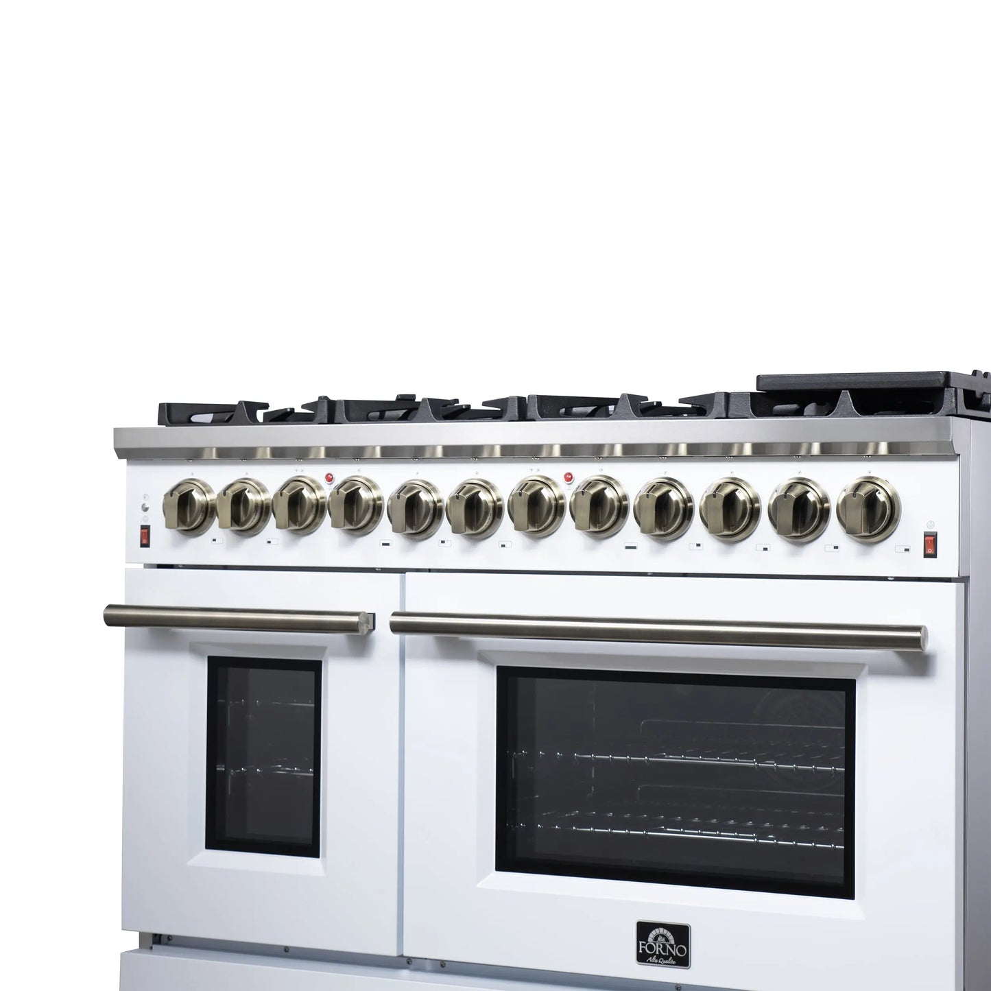 Forno Massimo 48 Inch Freestanding Dual Fuel Range in White with Antique Brass Accessories, 8 Burners, 6.58 cu. ft. Convection Oven FORNO
