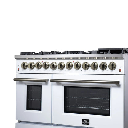 Forno Massimo 48 Inch Freestanding Dual Fuel Range in White with Antique Brass Accessories, 8 Burners, 6.58 cu. ft. Convection Oven FORNO