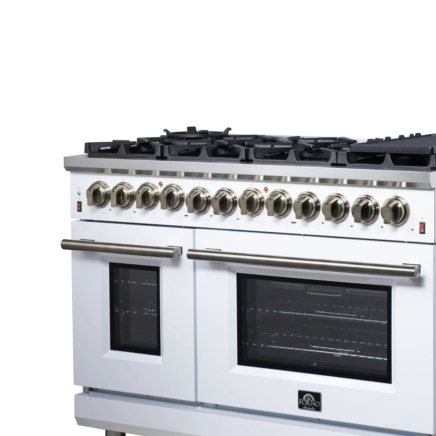 Forno Massimo 48 Inch Freestanding Dual Fuel Range in White with Antique Brass Accessories, 8 Burners, 6.58 cu. ft. Convection Oven FORNO