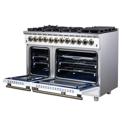 Forno Massimo 48 Inch Freestanding Dual Fuel Range in White with Antique Brass Accessories, 8 Burners, 6.58 cu. ft. Convection Oven FORNO