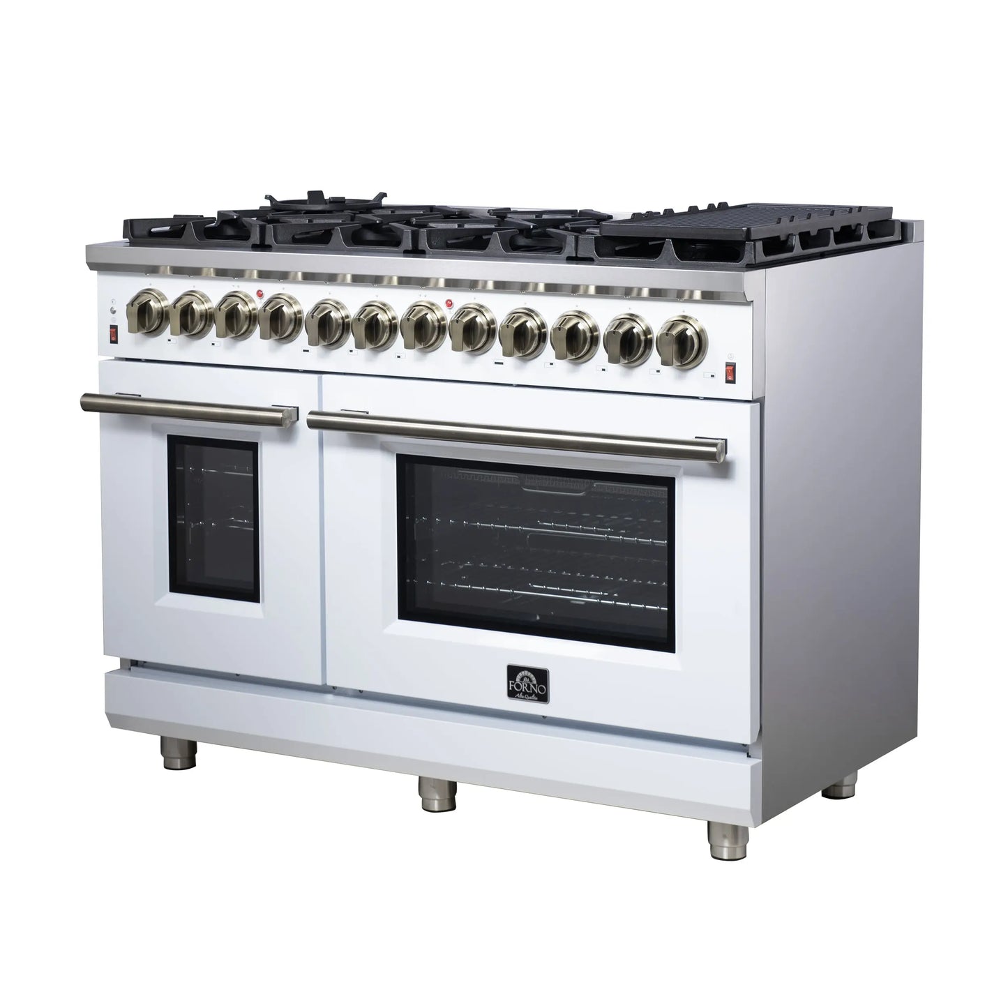 Forno Massimo 48 Inch Freestanding Dual Fuel Range in White with Antique Brass Accessories, 8 Burners, 6.58 cu. ft. Convection Oven FORNO