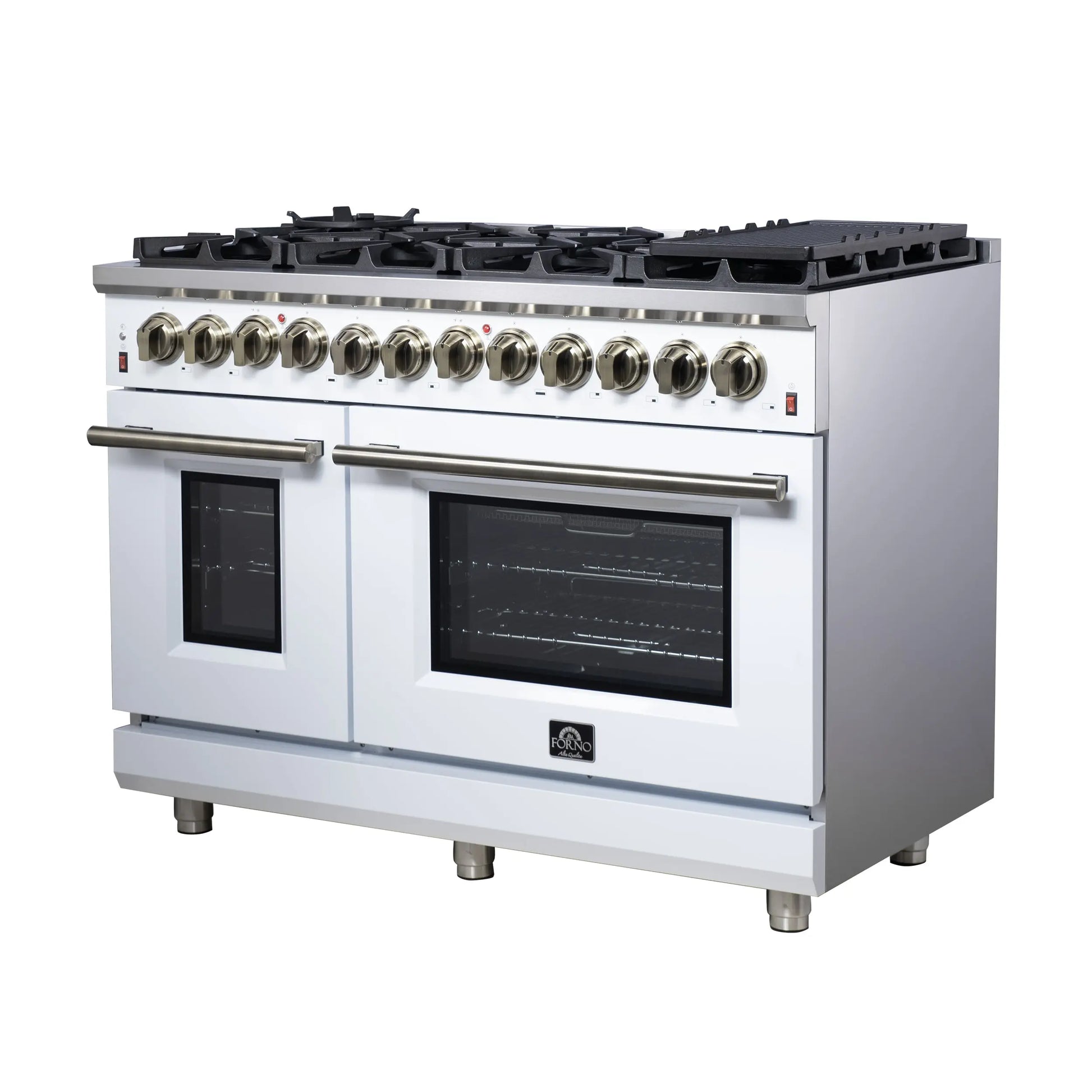 Forno Massimo 48 Inch Freestanding Dual Fuel Range in White with Antique Brass Accessories, 8 Burners, 6.58 cu. ft. Convection Oven FORNO