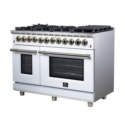 Forno Massimo 48 Inch Freestanding Dual Fuel Range in White with Antique Brass Accessories, 8 Burners, 6.58 cu. ft. Convection Oven FORNO
