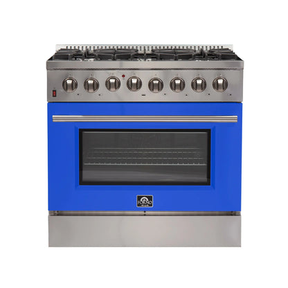 Forno Galiano 36-Inch Freestanding Dual Fuel Range, 6 Burners, Double Convection Ovens, Blue Door FORNO