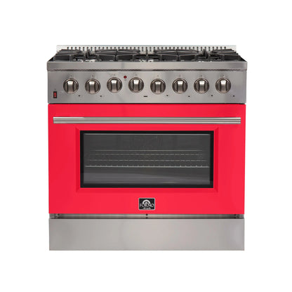 Forno Galiano 36-Inch Freestanding Dual Fuel Range, 6 Burners, Double Convection Ovens, Red Door FORNO