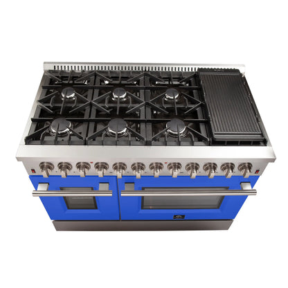 Forno Galiano 48-Inch Freestanding Dual Fuel Range, 8 Burners, Double Convection Ovens, Blue Doors FORNO