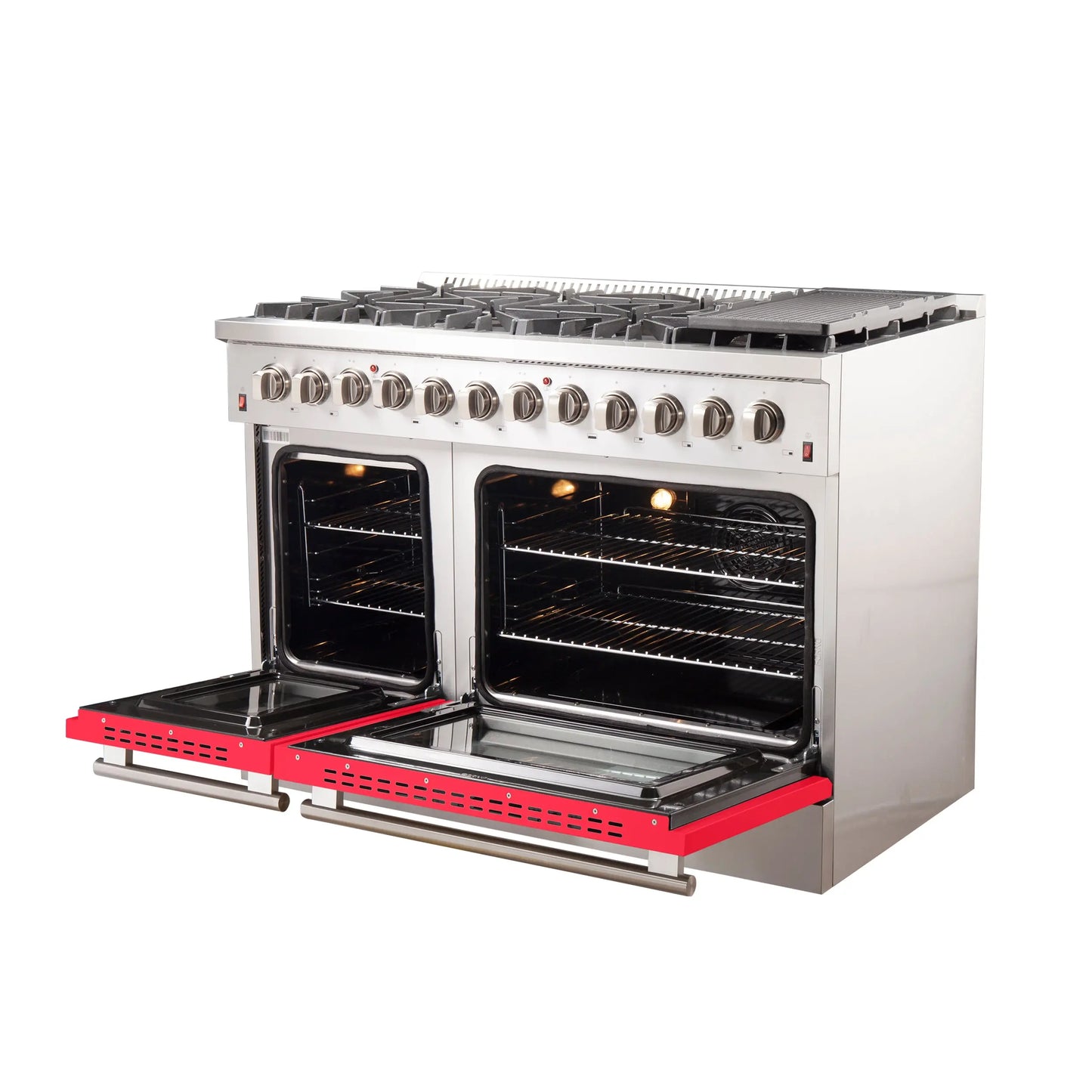 Forno Galiano 48-Inch Freestanding Dual Fuel Range, 8 Burners, Double Convection Ovens, Red Doors FORNO