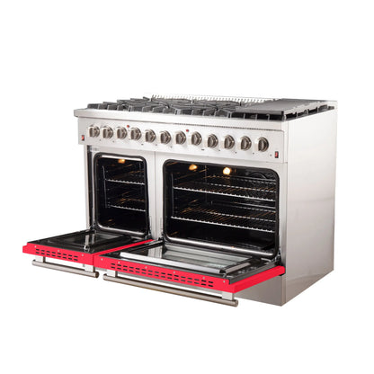 Forno Galiano 48-Inch Freestanding Dual Fuel Range, 8 Burners, Double Convection Ovens, Red Doors FORNO
