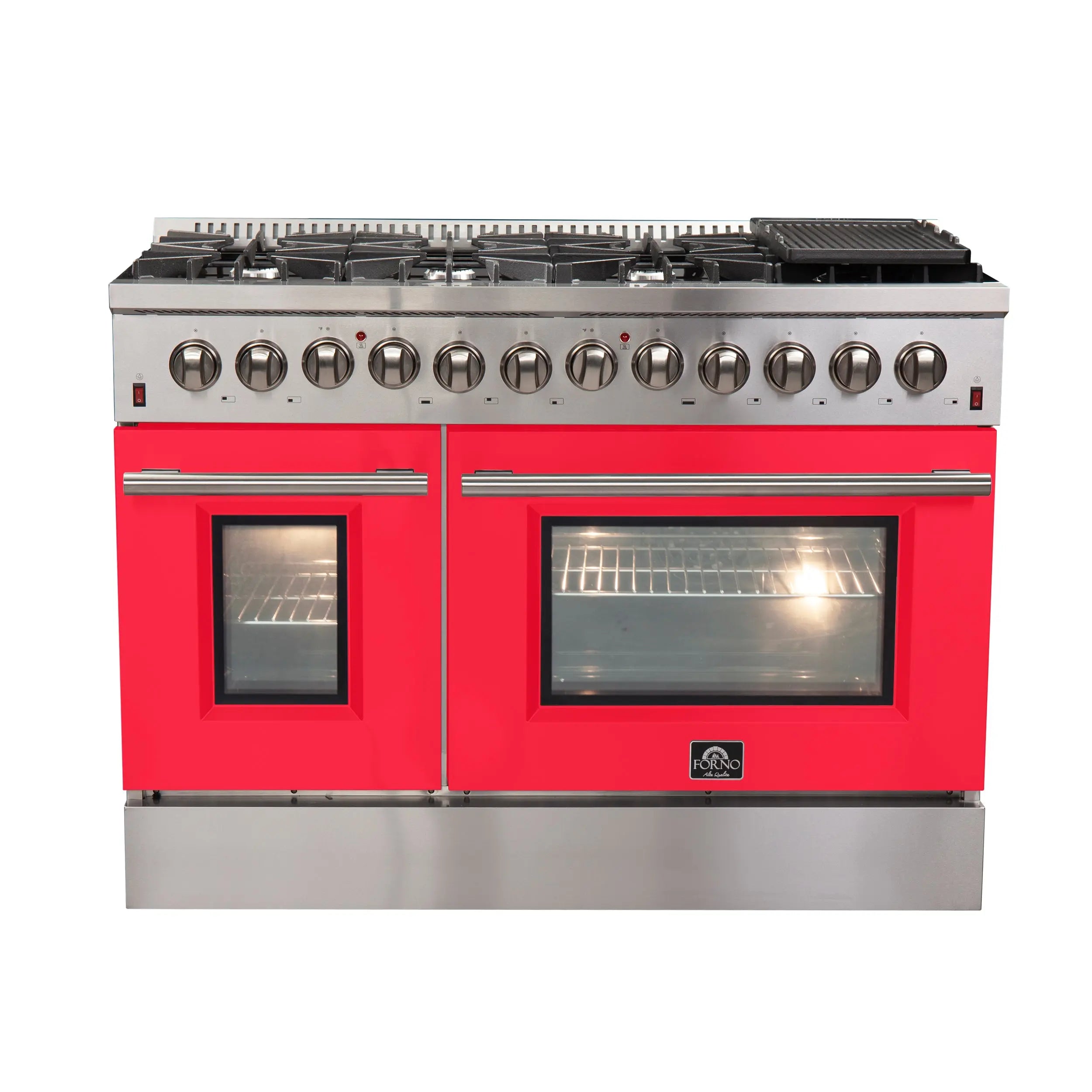 Forno Galiano 48-Inch Freestanding Dual Fuel Range, 8 Burners, Double Convection Ovens, Red Doors FORNO