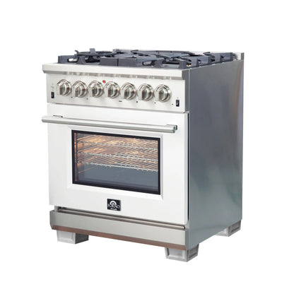 Forno Capriasca 30-Inch Freestanding Dual Fuel Range, 4 Burners, True Convection Oven, White Door FORNO