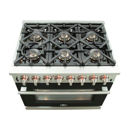 Forno Capriasca 36-Inch Freestanding Dual Fuel Range, 6 Burners, True Convection Oven, Black Door FORNO