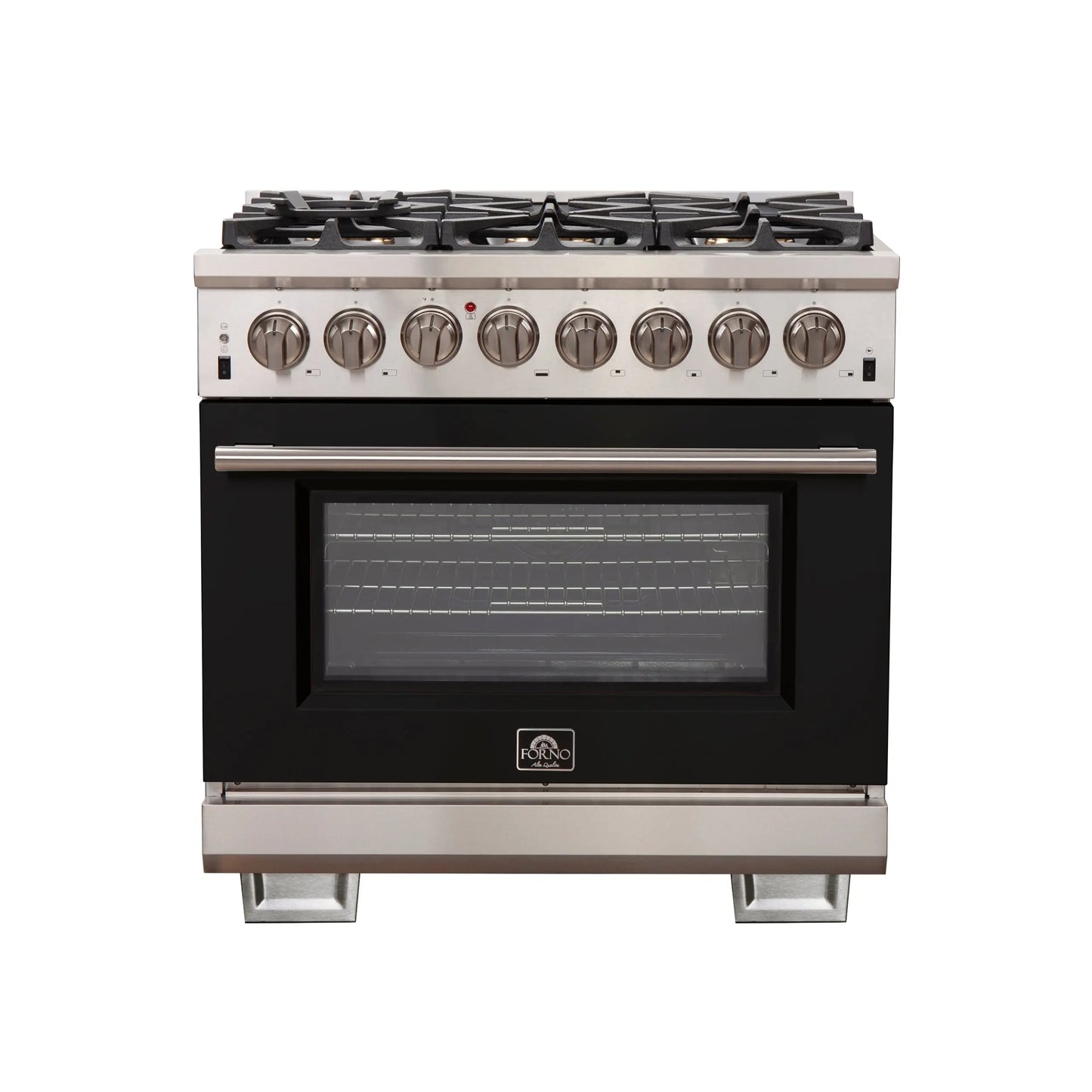 Forno Capriasca 36-Inch Freestanding Dual Fuel Range, 6 Burners, True Convection Oven, Black Door FORNO