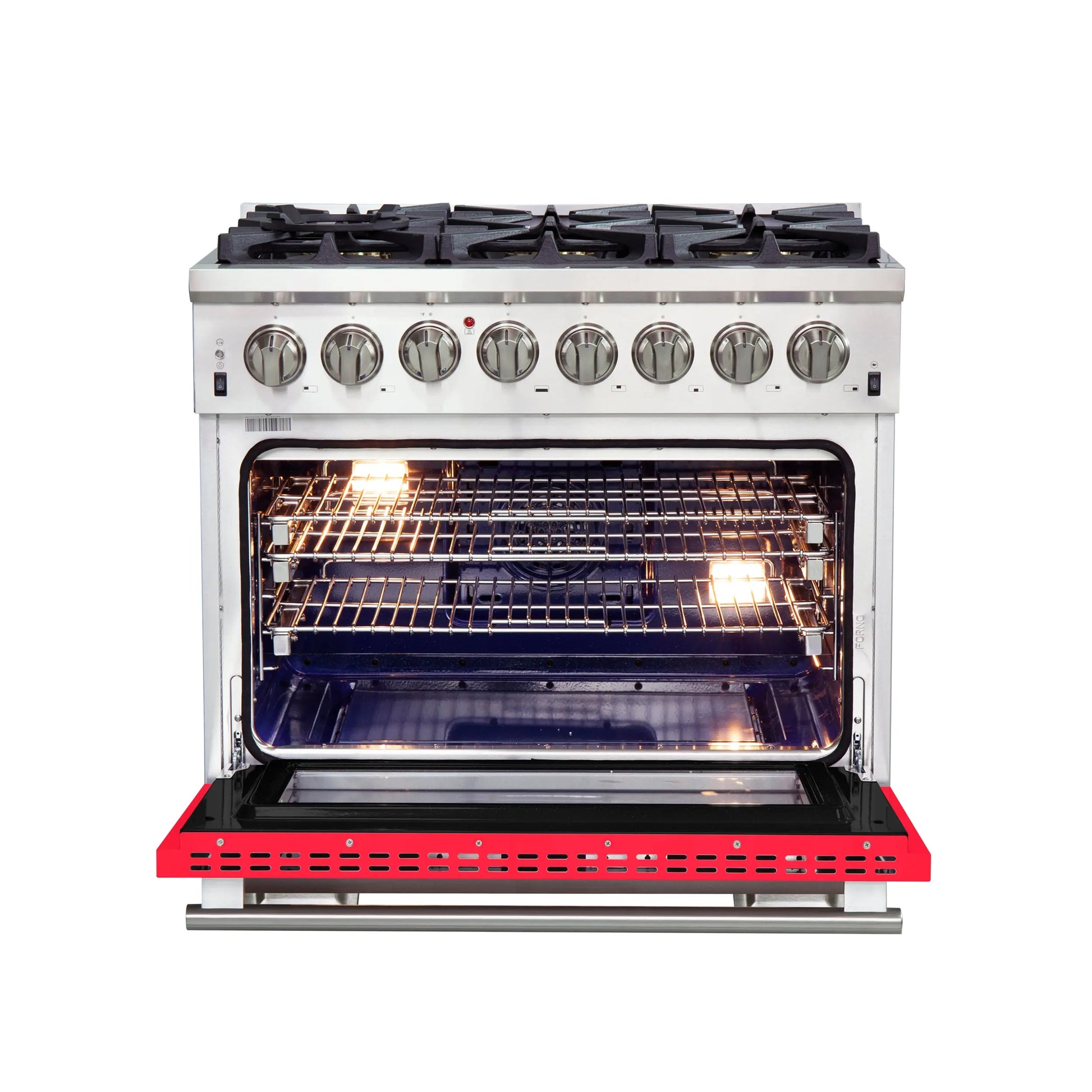 Forno Capriasca 36-Inch Freestanding Dual Fuel Range, 6 Burners, True Convection Oven, Red Door FORNO