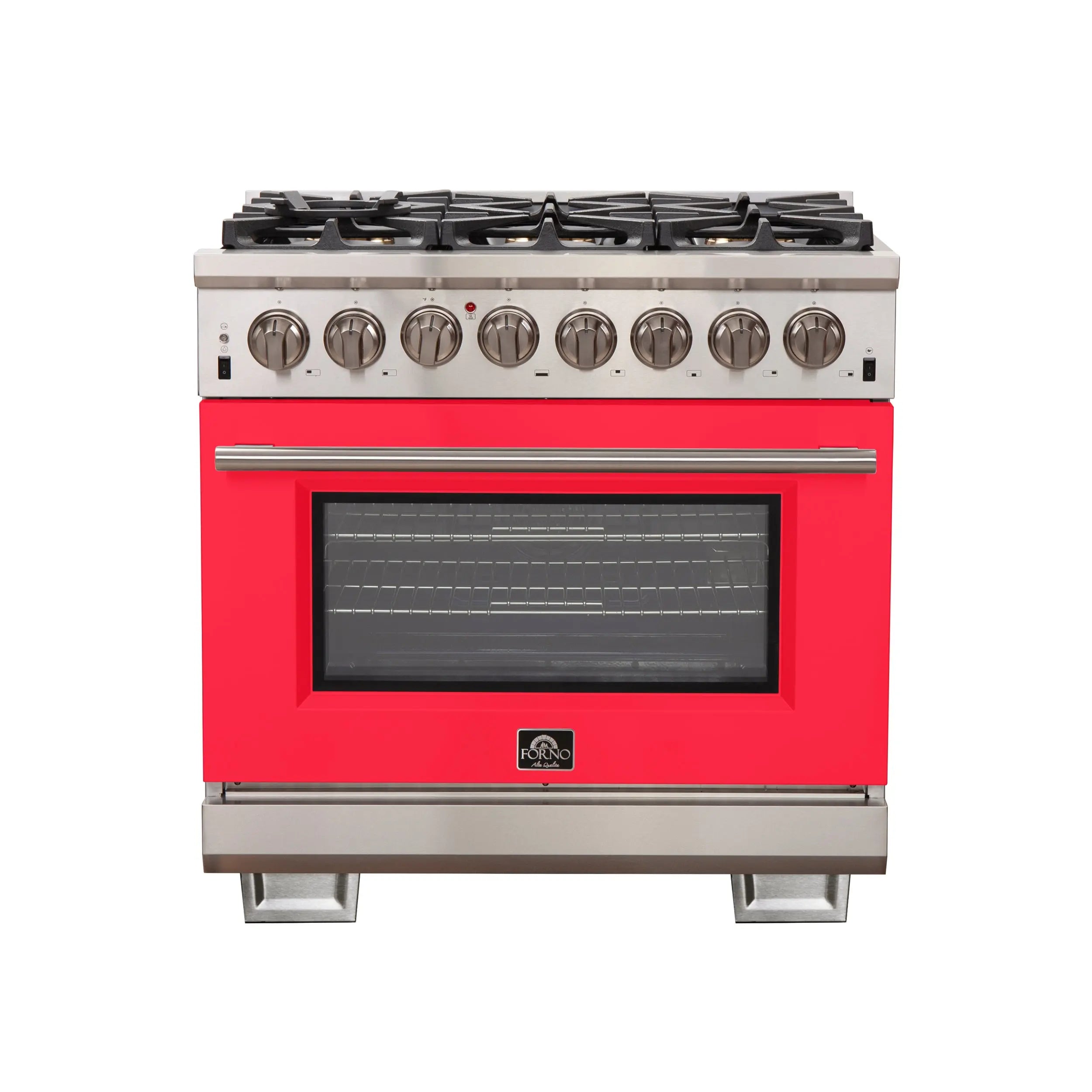 Forno Capriasca 36-Inch Freestanding Dual Fuel Range, 6 Burners, True Convection Oven, Red Door FORNO