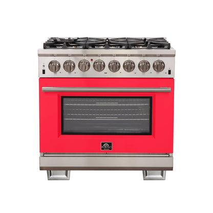 Forno Capriasca 36-Inch Freestanding Dual Fuel Range, 6 Burners, True Convection Oven, Red Door FORNO