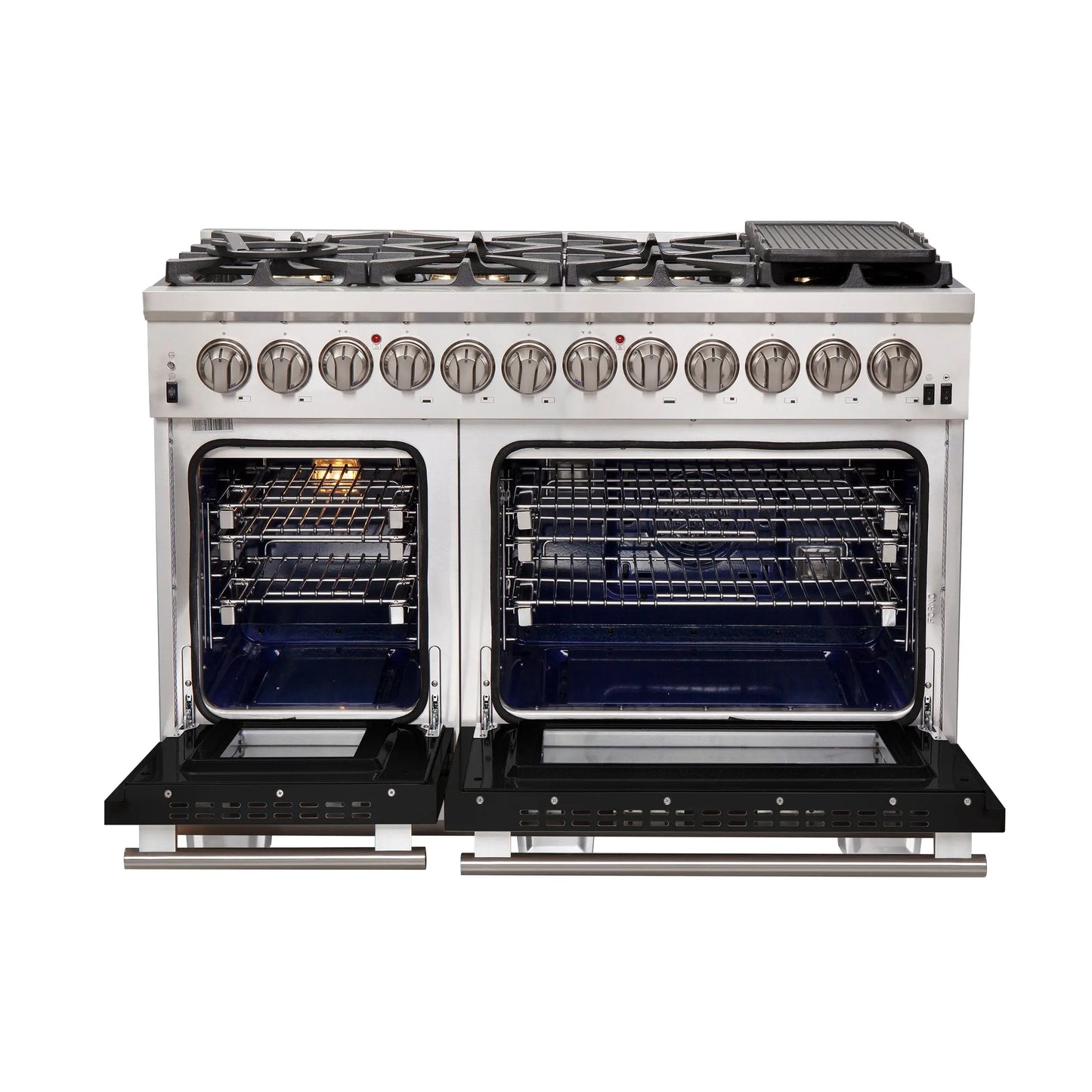 Forno Capriasca 48-Inch Freestanding Dual Fuel Range, 8 Burners, True Convection Oven, Black Doors FORNO