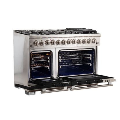 Forno Capriasca 48-Inch Freestanding Dual Fuel Range, 8 Burners, True Convection Oven, Black Doors FORNO