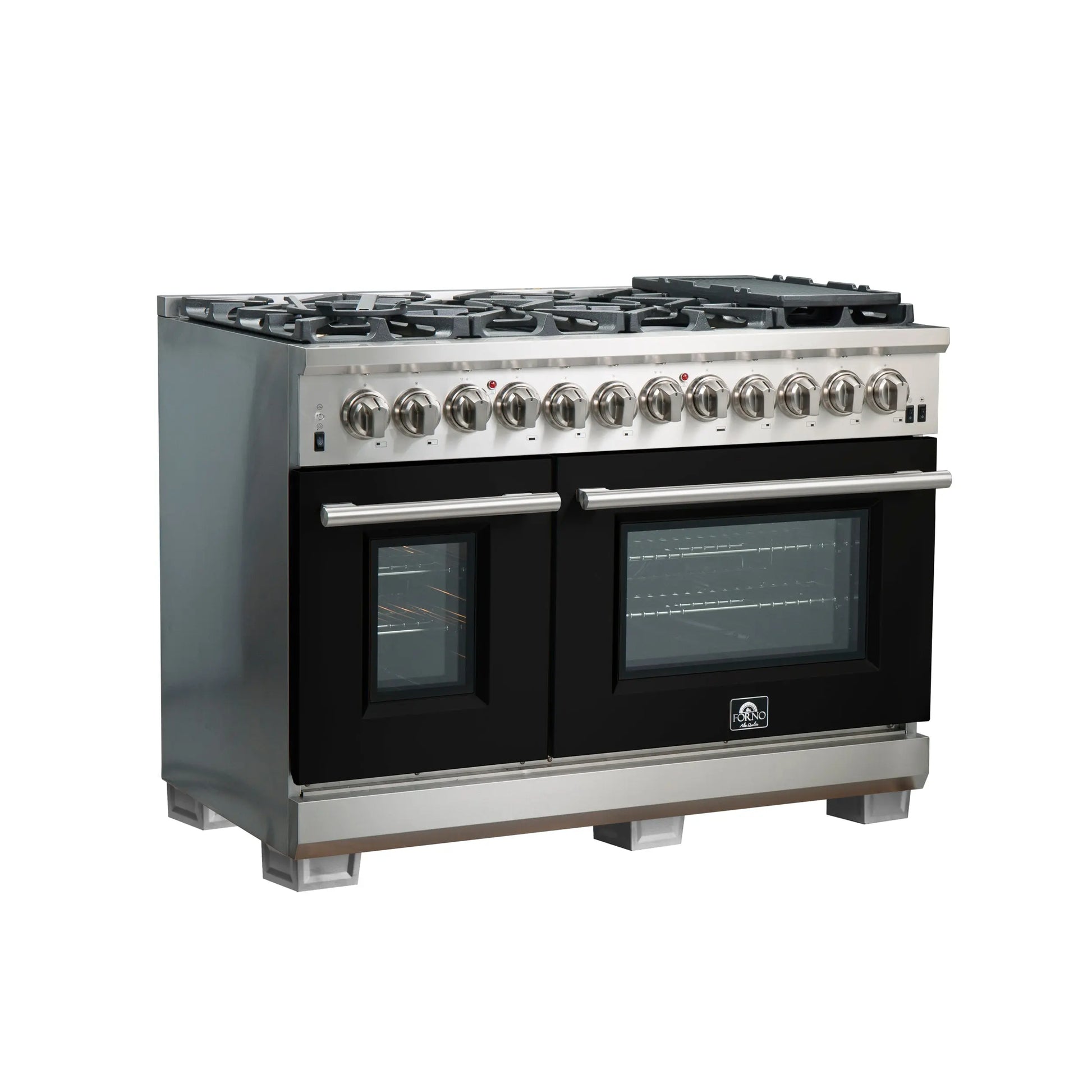 Forno Capriasca 48-Inch Freestanding Dual Fuel Range, 8 Burners, True Convection Oven, Black Doors FORNO