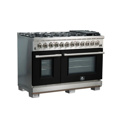 Forno Capriasca 48-Inch Freestanding Dual Fuel Range, 8 Burners, True Convection Oven, Black Doors FORNO