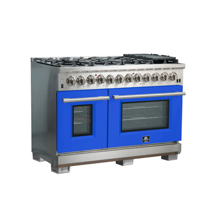 Forno Capriasca 48-Inch Freestanding Dual Fuel Range, 8 Burners, True Convection Oven, Blue Doors FORNO