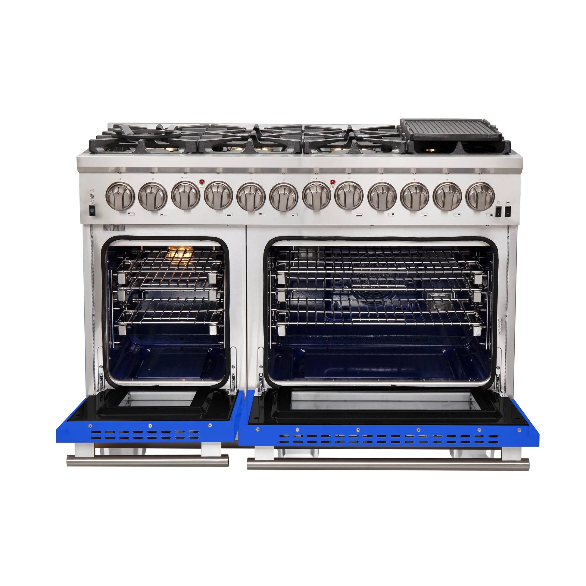 Forno Capriasca 48-Inch Freestanding Dual Fuel Range, 8 Burners, True Convection Oven, Blue Doors FORNO