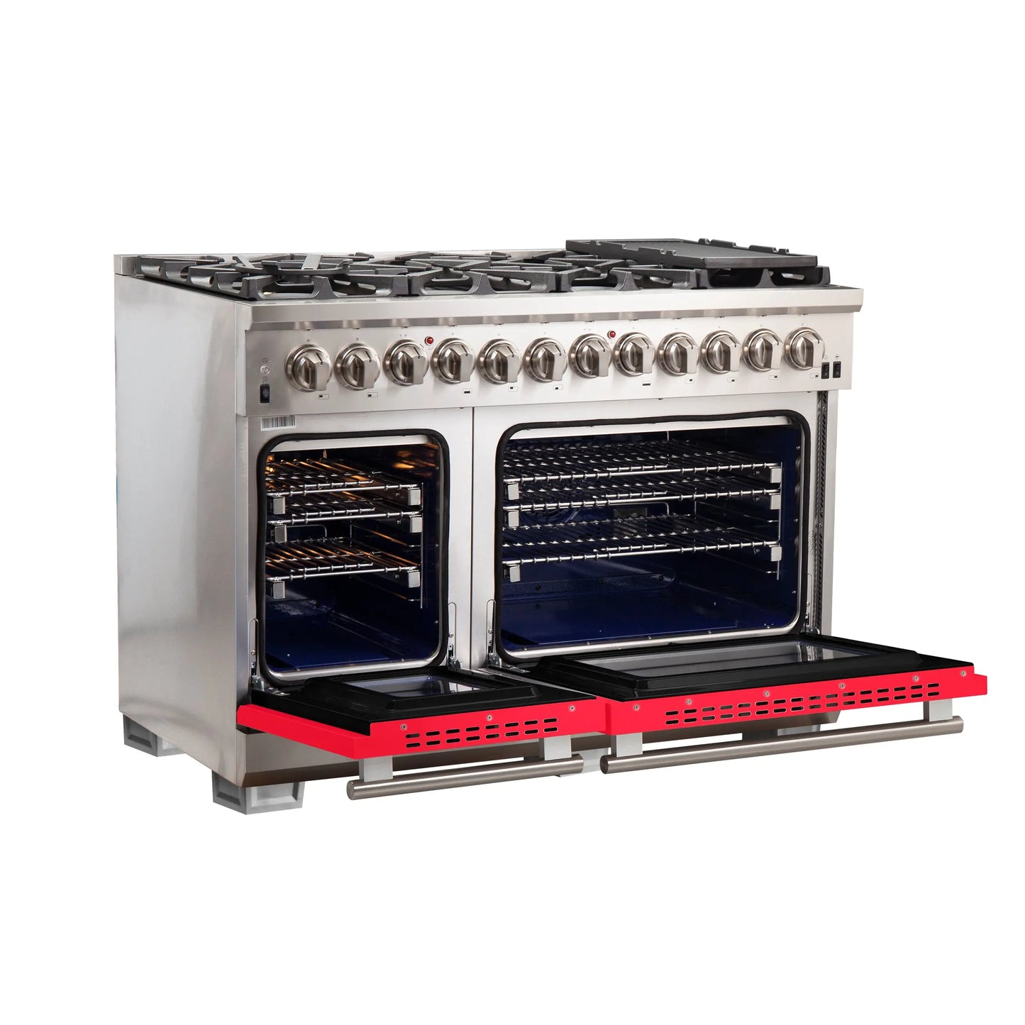 Forno Capriasca 48-Inch Freestanding Dual Fuel Range, 8 Burners, True Convection Oven, Red Doors FORNO